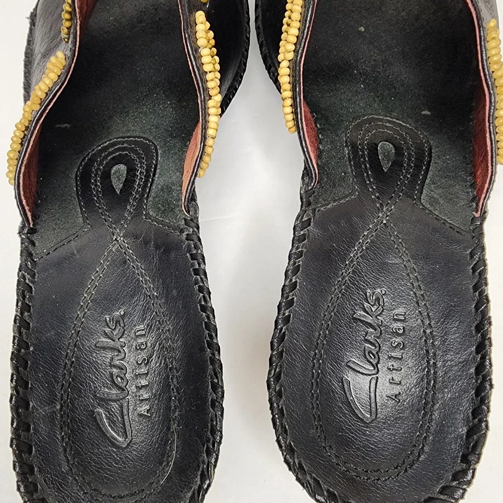 Clarks Artisan Womens‎ Sz 9 Black Leather Beaded Wedge Slide Sandals 2 Inch Heel
